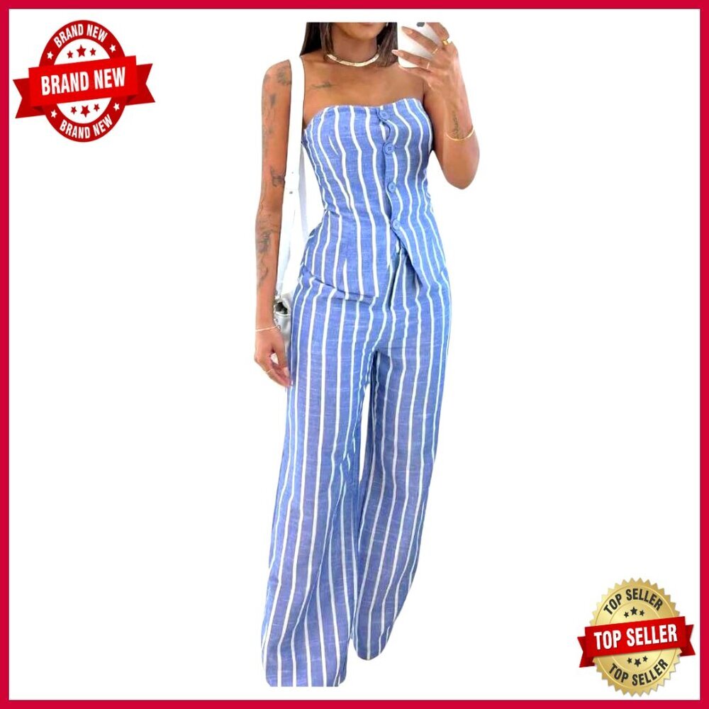 Large 2 Piece Set Striped Button Down Top Wide Leg Pants Outfit
